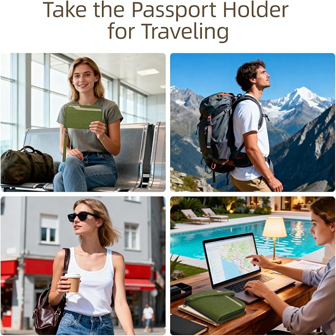 Passport Holder Family RFID Passport Wallet, Passport Holder Women/Men, Travel Wallet Documents Organizer Zipper Case with Removable Wristlet Strap, Travel Essentials for Flying