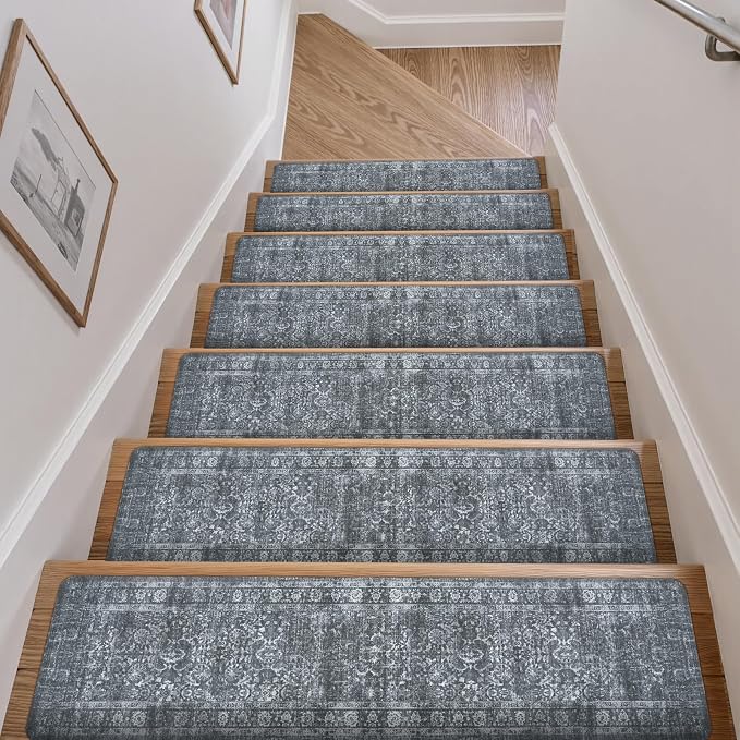 OJIA Stair Treads Non-Slip Stair Runner for Wooden Steps 15PC 30"x8" | Vintage Carpet Stair Treads for Wood Steps Indoor Stair Mat Staircase Step Treads for Kids, Elders, Dogs, Stair Covers, Gray