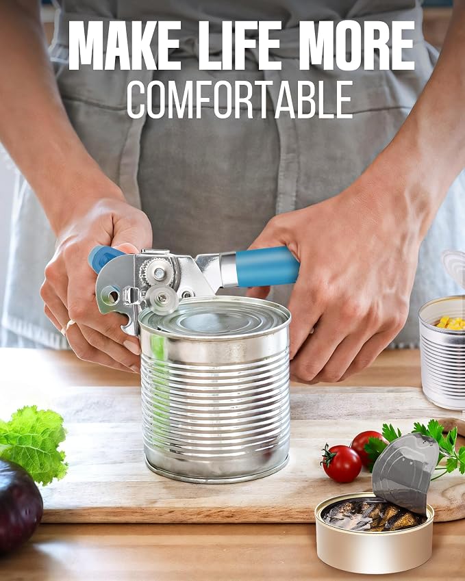 Multifunctional Can Opener Manual, Durable Heavy Duty Handheld Strong Can Opener with Smooth Cutting Edge, Friendly Kitchen Essentials Tool for Seniors, Camping and Bottle Opening-Blue
