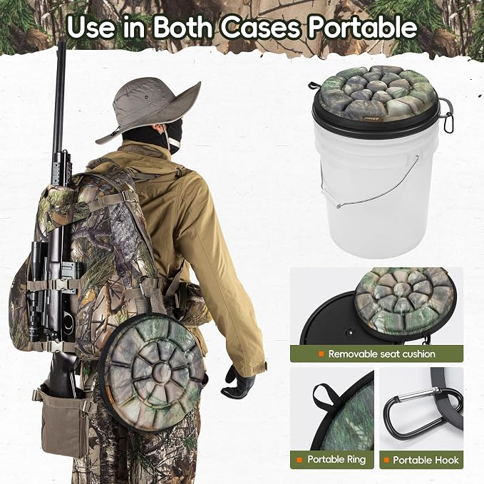 BLISSWILL Outdoor 5 Gallon Bucket Seat - 360° Swivel, Comfortable Foam Cushion for Hunting, Fishing, Gardening, Camping sportsman's Bucket lid