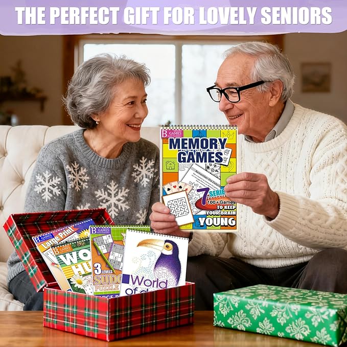 Vashly Large Print 300+ Memory Activities for Seniors: 5-in-1 Set Brain Exercise Books with Sudoku, Crossword, Word Hunt, Dot to Dot, A4 Thick Paper Spiral Bound, Gift for Elderly Adults