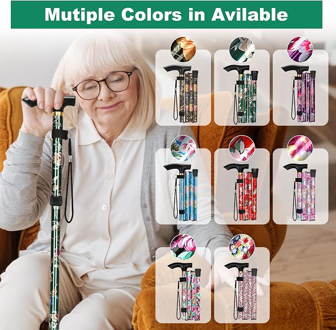 MFE Folding Cane, Portable 5-Level Adjustable Height Walking Stick with Foldable Design, Wrist Strap, and T Handle for Men and Women