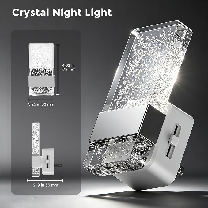 L LOHAS LED Night Light, Dimmable Night Lights Plug into Wall, 2 Pack Acrylic Silver Nightlight with Light Sensor, 0-100LM Automatic Plug in Nightlight for Bathroom, Hallway, Stairway, Gift