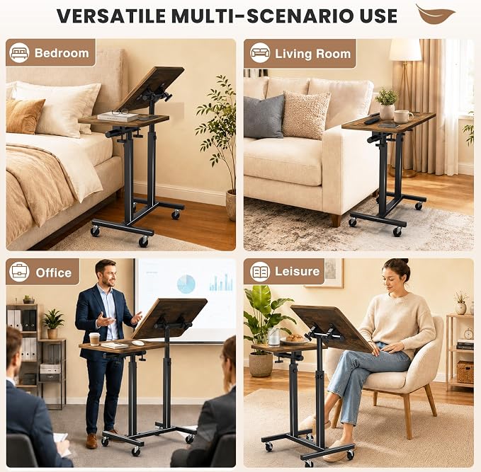 Elowen Rolling Laptop Desk with Wheels, Double-Pole Portable Overbed Table | Mobile Tilting Small Standing Desk, Large-Size Adjustable Height Computer Desk for Office Home Use
