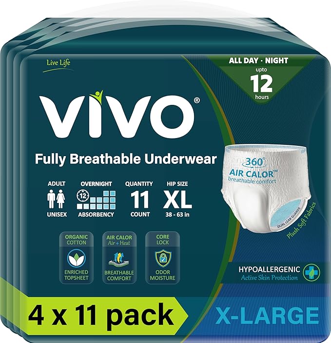 VIVO Organic Cotton Sensitive Skin Overnight Adult Incontinence Pullup Underwear, Women & Men, X-Large 44 Count