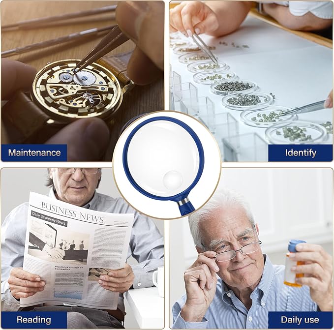 Feosky Handheld Reading Magnifier, 3X Magnifier, 75mm Shatterproof Lens, Non-Slip Handle for Adults Close Work, Seniors Reading and Nature Exploration, Hobby Observation (Blue)