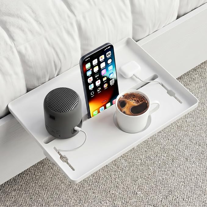 JOYMOOP Clip-On Bedside Shelf for Bunk Beds, Dorm Room Essentials, Bedside Caddy, No-Tool Install Bed Side Table Storage for Loft, Platform Beds, Nightstand Caddy for Phone, Glasses, Book (White)