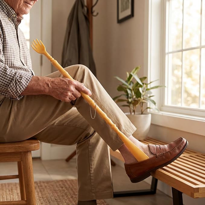 2pcs 2-in-1 Shoe Horn Long Handle and Back Scratcher for Seniors, Extra Long Durable PP Plastic Shoehorn with Vintage Bamboo Finish, Mobility Aid Shoe Helper for Disabled, Post-Surgery Recovery