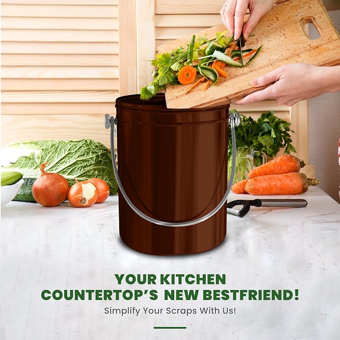 Utopia Kitchen Countertop Compost Bin 1.3 Gallon, Stainless Steel, Copper | Odorless countertop compost bin with charcoal filter, ideal for food scraps and waste