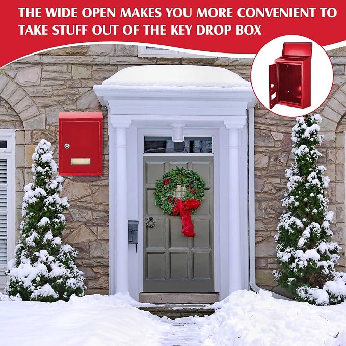 Amylove Weatherproof Mail Boxes with Key Lock, Security Locking Wall Mount Metal Mailbox with Slot for Outside, Large Capacity for Mail, Packages, Donations, Voting 11.8" H x 8.3" L x 2.8" W, Red