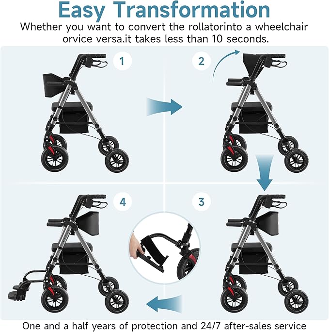 Walkers for Seniors, 2 in 1 Rollator Wheelchairs Combo 10" Big Wheels Walker with Seat, Rollator Transport Chair with Brakes Folding Rolling Walker for Adults, Grey