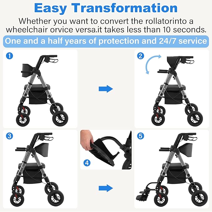 Walkers for Seniors,Heavy Duty Rollator Walker Wheelchair Combo, 2 in 1 Rollator Transport Chair with Brakes, 450 lb Rolling Walker 10" Big Wheels for All Terrain, Grey