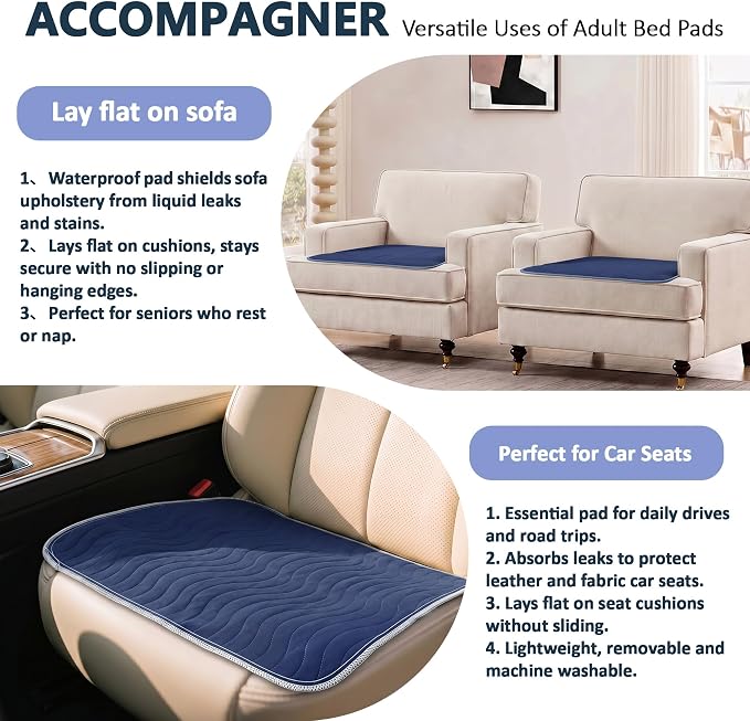 Accompagner Incontinence Bed Pads Washable Waterproof, Ultra-Absorbent Reusable Underpads for Diaper Changing, Nursing, Bedridden, Adults, Seniors, Kids and Dogs (Navy, 24"x24"(Pack of 6))