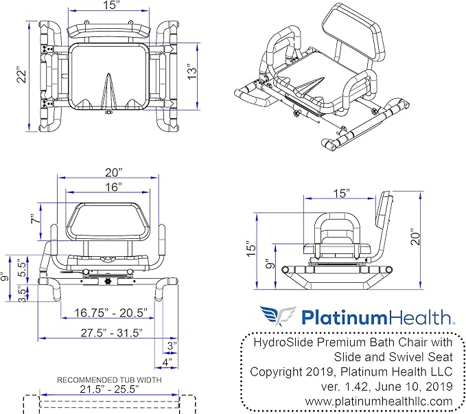Platinum Health HydroSlide Sliding Shower Chair Swivel Seat for Bathtub, Soft, Padded with industry-exclusive, patented Gap-Bridge safety feature. Padded Armrests. Ideal for Elderly and Seniors (Blue)