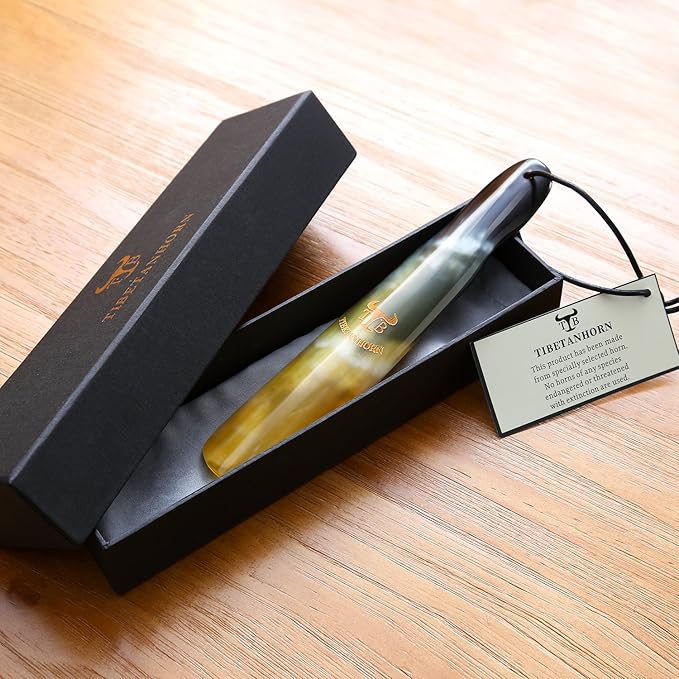 Shoe Horn, Hand Crafted Natural Tibetan Yak Horn Shoe Horns for Men Women Kids, Boots & All Shoes, Portable Travel Size with Gift Box(8.7" to 9.4")