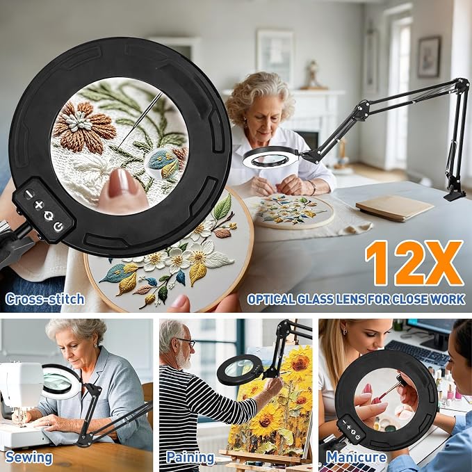 HITTI 12X & 30X Ultra Long Magnifying Glass with Light and Clamp | Swivel Arm, 5 Color Modes Steepless Dimming LED Desk Lamp, Hands Free Lighted Magnifier Stand for Workbench Reading Hobby