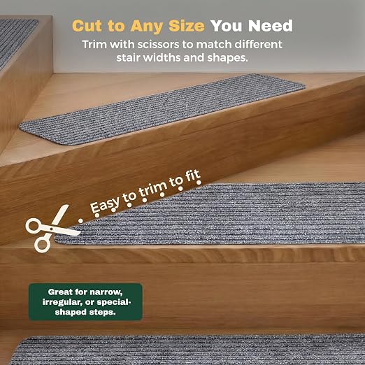 MBIGM Carpet Stair Treads for Wooden Steps, 15 Pack, 8" x 30", Light Gray | Four-layer polyester carpet with PP grid base, nonwoven cushion and TPR adhesive backing adds indoor traction and comfort