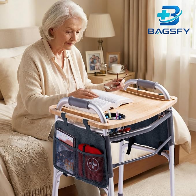 Walker Tray Table with Side Pockets & Cup Holder for Folding Walkers, Foldable Bamboo Walker Tray for Seniors, Stable Walker Accessories with Raised Edges for Meals, Drinks, Reading &Daily Living