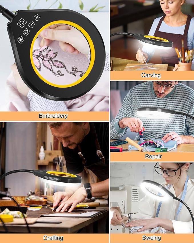 Flexible Gooseneck 2-in-1 Magnifying Glass with Light and Stand,10x & 5x Real Glass Lens Magnifying Lamp, 5 Color Stepless Hands-Free LED Desk Lamp with Clamp for Painting, Crafts, Reading (Yellow)