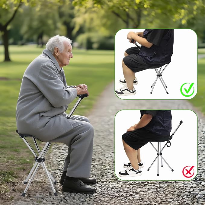 FATTCHIAR Cane with Seat with Light, Cane Chair Adjustable Height Folding Lightweight Walking Stick with Seats, Portable Stool for Adults Seniors