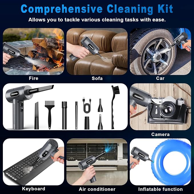 Compressed Air Duster, 100000RPM Cordless Rechargeable Electric Air Blower | Smart LED Display, 3-Gear Adjustable, LED Light, Keyboard, PC, Car & Home Cleaning, Replaces Canned Air, Grey