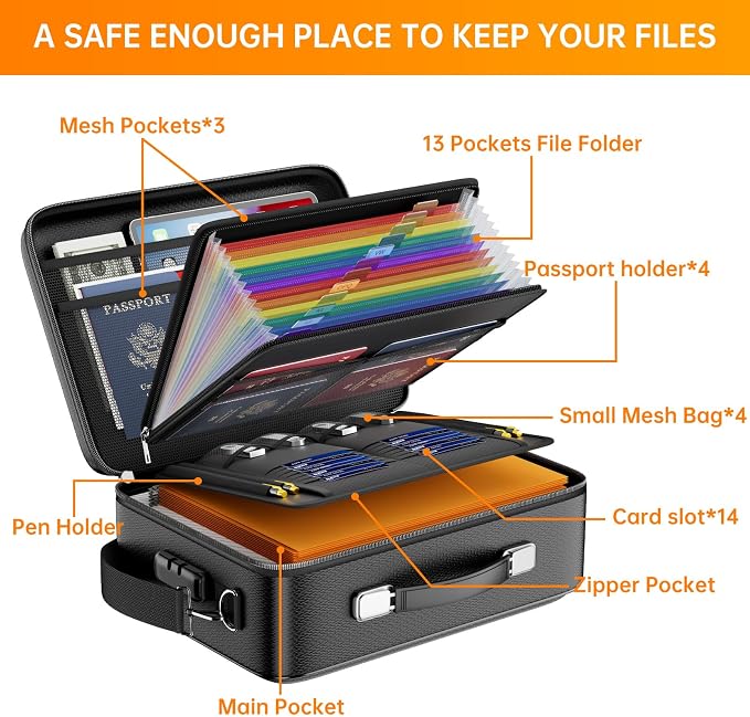 DocSafe Fireproof Document Box Hard Case with Lock & Accordion File Folder | Fire and Water Resistant Safe Box,File Organizer,Multi-Pocket,Home Office Travel Storage for Important Document,Laptop,Black