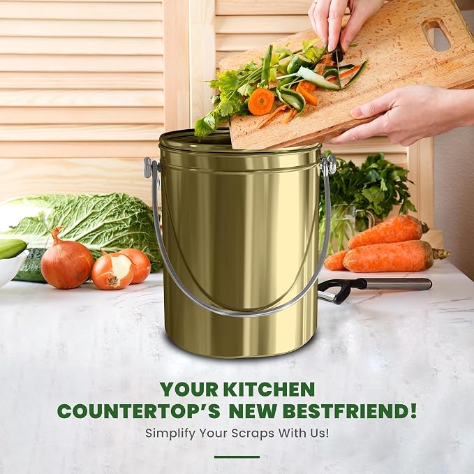 Utopia Kitchen Countertop Compost Bin 1.3 Gallon, Stainless Steel, Gold | Odorless countertop compost bin with charcoal filter, ideal for food scraps and waste