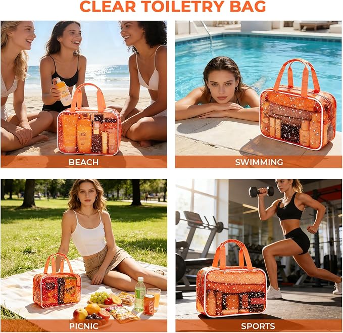 Clear Orange Star Large Makeup Bag with Star Pattern 12x5x8 inch, Travel Cosmetic Bag with Handle, Durable PVC Material Washbag Zipper Opening Design for Makeup Travel Organizer or Gym Use