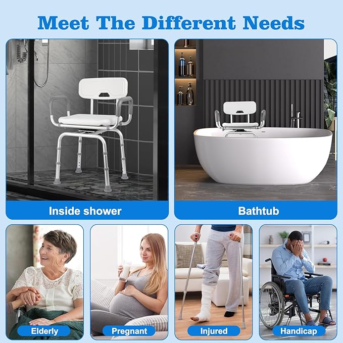 Swivel Shower Chair with Arms and Back, Heavy Duty 400lb Capacity 360° Swivel Stool for Elderly, Disabled & Bariatric Adults, for Shower & Tub, Tool-Free Height Adjustment(16.54"-19.29")