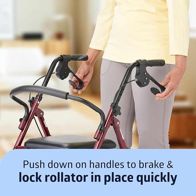 Medline Steel Rollator Walker with Seat, Burgundy, 350 lb. Weight Capacity, 6” Wheels, Foldable, Height Adjustable Handles, Rolling Walker for Seniors, Walker for Mobility Impaired