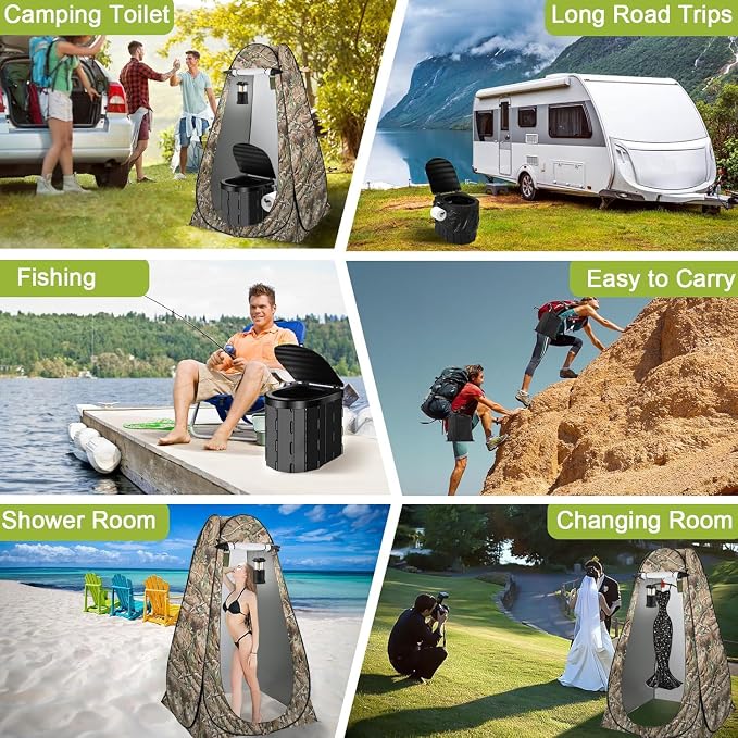 Portable Toilet Kit, Camping Toilet with Pop-Up Privacy Tent and Poo Gel Toilet Bags, Washable Portable Outdoor Showers Changing Rooms