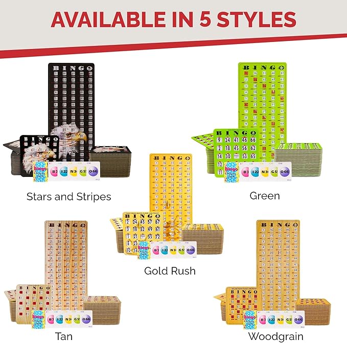 MR CHIPS Jam-Proof Bingo Cards with Sliding Windows, 50 Reusable Shutter Cards, 75 Calling Cards 1 Master Board in Gold Rush Style