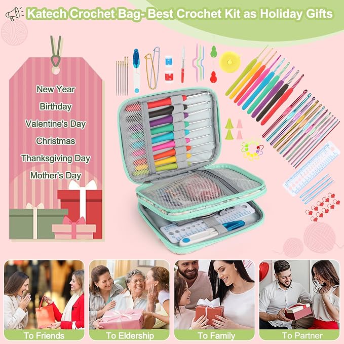 Katech Crochet Hooks Set with Crochet Case, 73 pcs Knitting Accessories Ergonomic Crochet Hook for Making Bag, Glovers, Sock, Colorful Soft Handle Knitting Needles Kits DIY Hand Tool | Metal Crochet Hooks and Complete Crochet Kits for Beginners and Exp...