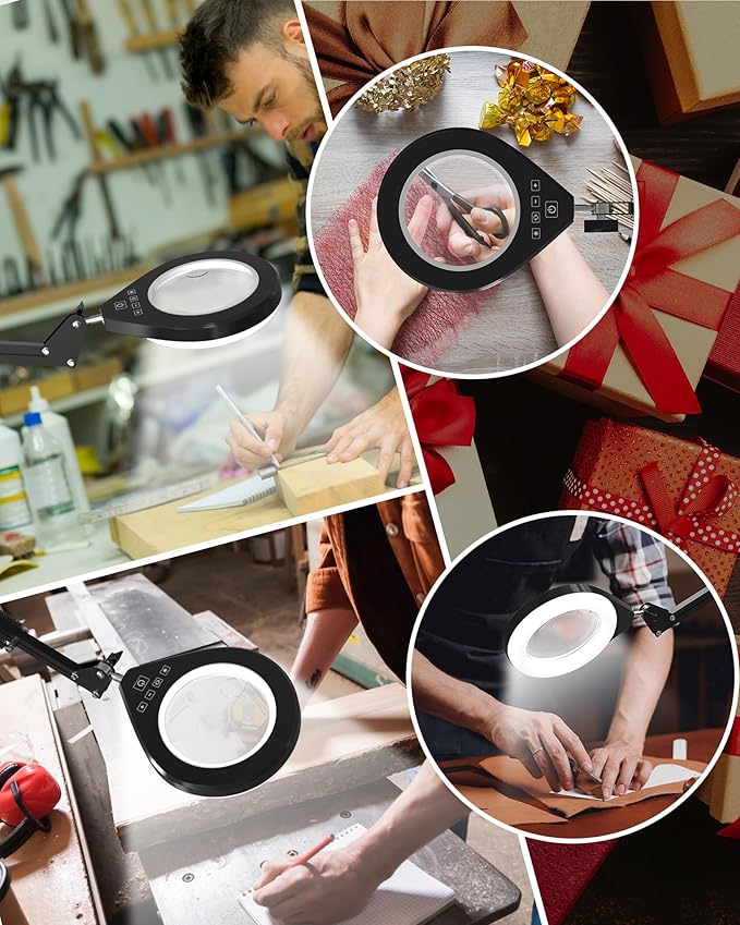 Lighted Magnifying Glass, 10X & 5X Magnifying Glass with Light, Dimmable Magnifier with Lamp, Adjustable 10 Level Brightness and 5 Color Desktop Clamp Magnifiers for Craft Painting Workbench (White)