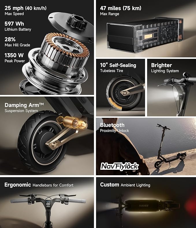 NAVEE GT3/ST3 Series Electric Scooter, 20/25 MPH Top Speed, 47/38/30 Miles Max Range, 1000W/1350W Motor with Dual Suspension, 10" Tires All Terrain, Heavy Duty, Foldable for Adults Teens (UL2272)