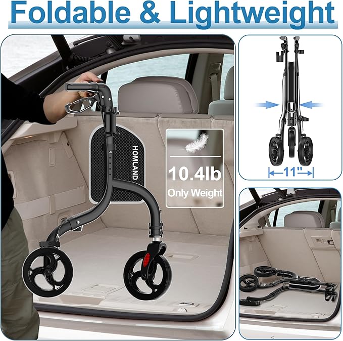 HOMLAND 3 Wheel Walkers for Seniors, Foldable Wheeled Rollator with Cane Hold and Cup Hold, Lightweight Three Wheel Rolling Walker Height Adjustable for Seniors