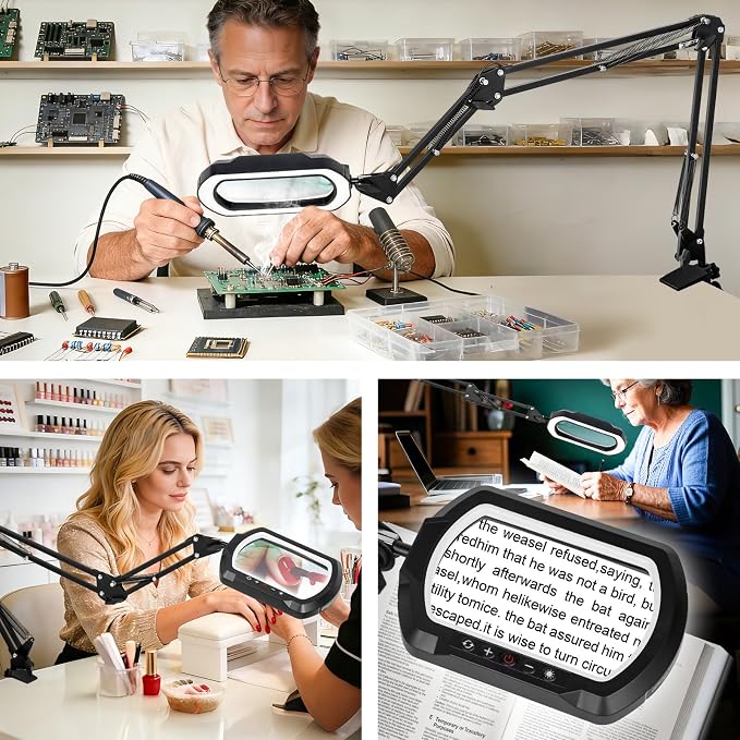 12X Rectangle 3-Section Magnifying Glass with Light and Clamp-White | 5 Color Mode & Stepless Dimming LED Lamp, 4-Way Desk Clip, Ultra Long Lighted Magnifier for Workbench Reading Craft Repair