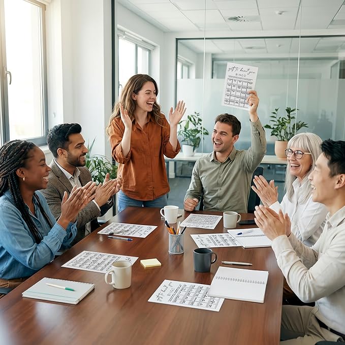 Team Building Games for Work Adults – Get to Know You Bingo Game, 25 Unique Human Bingo Cards 5x7 Inch, Ice Breaker & Office Games for Parties, Meetings & Events - A03