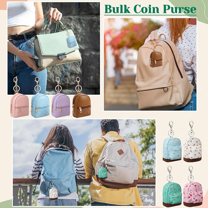 Hsei 8 Pcs Mini Backpack Keychain Coin Purse Tiny Key Chain Cute Cosmetic Bag Change Pouch Wallets Mini Gifts for Women Multi Pocket Card Holder Small Items Cable Organizer Zipper Pouch (Fresh Mix)