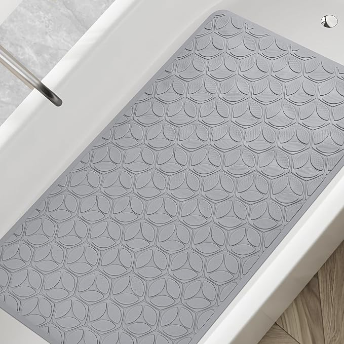 Bathtub Mat Non Slip with Suction Cups - 100% Rubber Bathroom Mat Textured for Bath Tub Shower Safety - Soft on Touch - BPA/PVC Free - Pet Dog Bath Mat - Machine Washable - 17 × 35 Inch(Gray)