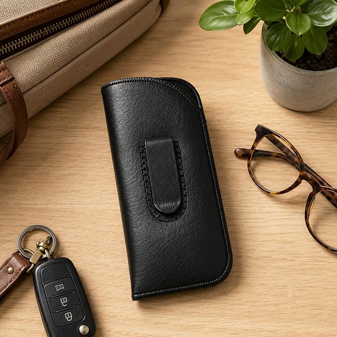 Calabria Slim Eye Glasses Case w/Clip Soft PU Leather Black Men Women Eyeglasses Pouch Slip-In Eyewear Holder Sunglass Bag