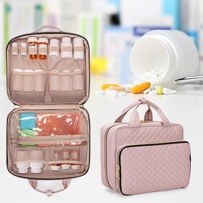 Damero Pill Bottle Organizer Bag, Travel Medicine Bag Organizer, Misty Rose | Medicine Organizer and Storage for Pills, Vitamin, Fish Oil, Medical Supplements for Women and Men