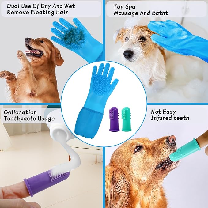Dog & Cat Grooming Gloves – 2-in-1 Silicone Shower Gloves with Finger Toothbrush – Soft, Multifunctional Pet Hair Remover for Bathing, Massaging & Cleaning(Blue)