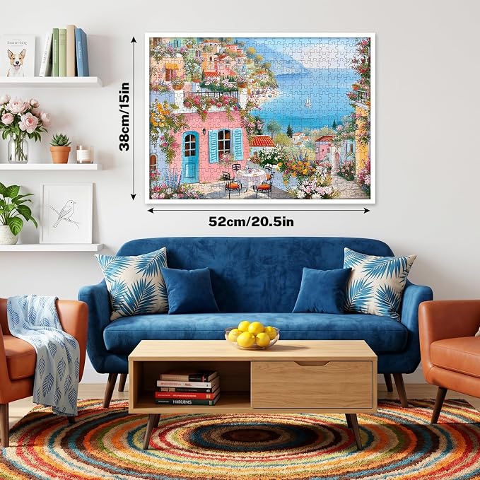 500 Piece Jigsaw Puzzle for Adults, Colorful Mediterranean Coastal Village | Ocean views, blooming terraces, sailboat, oil-painted charm; ideal for family game night, wall decor and thoughtful gifts.