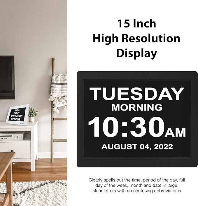 American Lifetime 【New 2025 Dementia Clock Large Digital Clock for Seniors, Alzeimer Clock Large Display with Custom Alarms, Clock with Day & Date for Elderly, Digital Calendar Black, 15 Inch