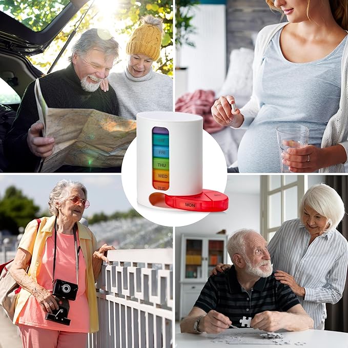 MEDca Weekly Pill Organizer, 1 Dispenser, 7 Stackable Multi-Color Compartments Four Times-a-Day - Morning, Noon, Evening, and Bedtime, White