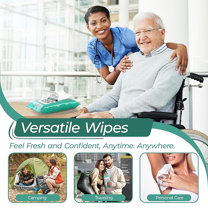 XL Ultra Thick Body Wipes for Adults Bathing No Rinse | 50 Disposable Cleansing Washcloths for Women, Men & Elderly | Infused with Aloe & Vitamin E | Shower Wipes | Great for Travel, Gym & Camping