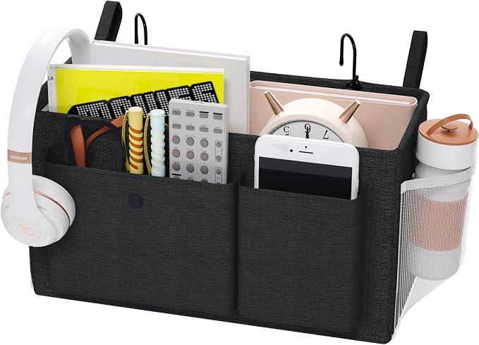 Bedside Caddy Bedside Storage Hanging Organizer for Bunk Dorm Bed Rail | Bed Caddy with Hooks, Top Bunks and Dorm Essentials for Water, Tissues, Tablets, Books, Phones, Remotes and Other Necessories