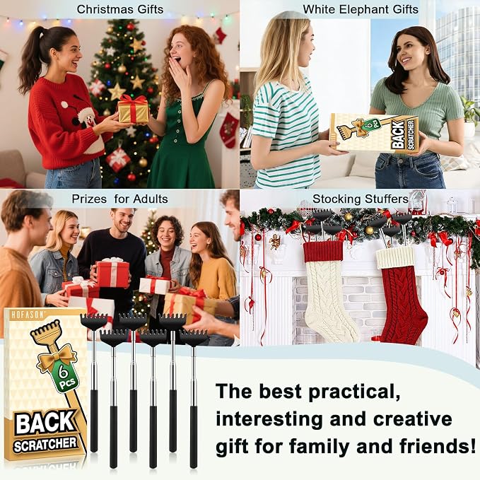 HOFASON Back Scratcher 6 Pack, Stocking Stuffers for Men Adults Women Teens | Christmas Small Bulk Gifts for Men Women Teens, White Elephant Gag Birthday Gifts, Party Favors Prizes for Adults (Black)