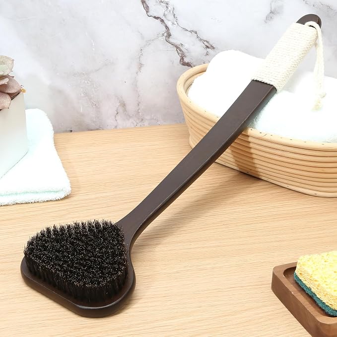 eaxun 17.3 Inches Bamboo Back Scrubber with Curved Long Handle for Shower | Exfoliating Shower Brush with Natural Boar Bristles for Men and Women, Anti-Slip Grip Back Washer for Bath or Dry Brushing